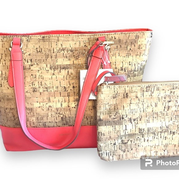 NEW!  Anne Klein, Hot Coral & Cork, Ladies Hand Bag - Picture 6 of 16